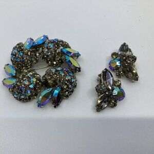 Vtg SHERMAN blue borealis gray crystal brooch earrings set